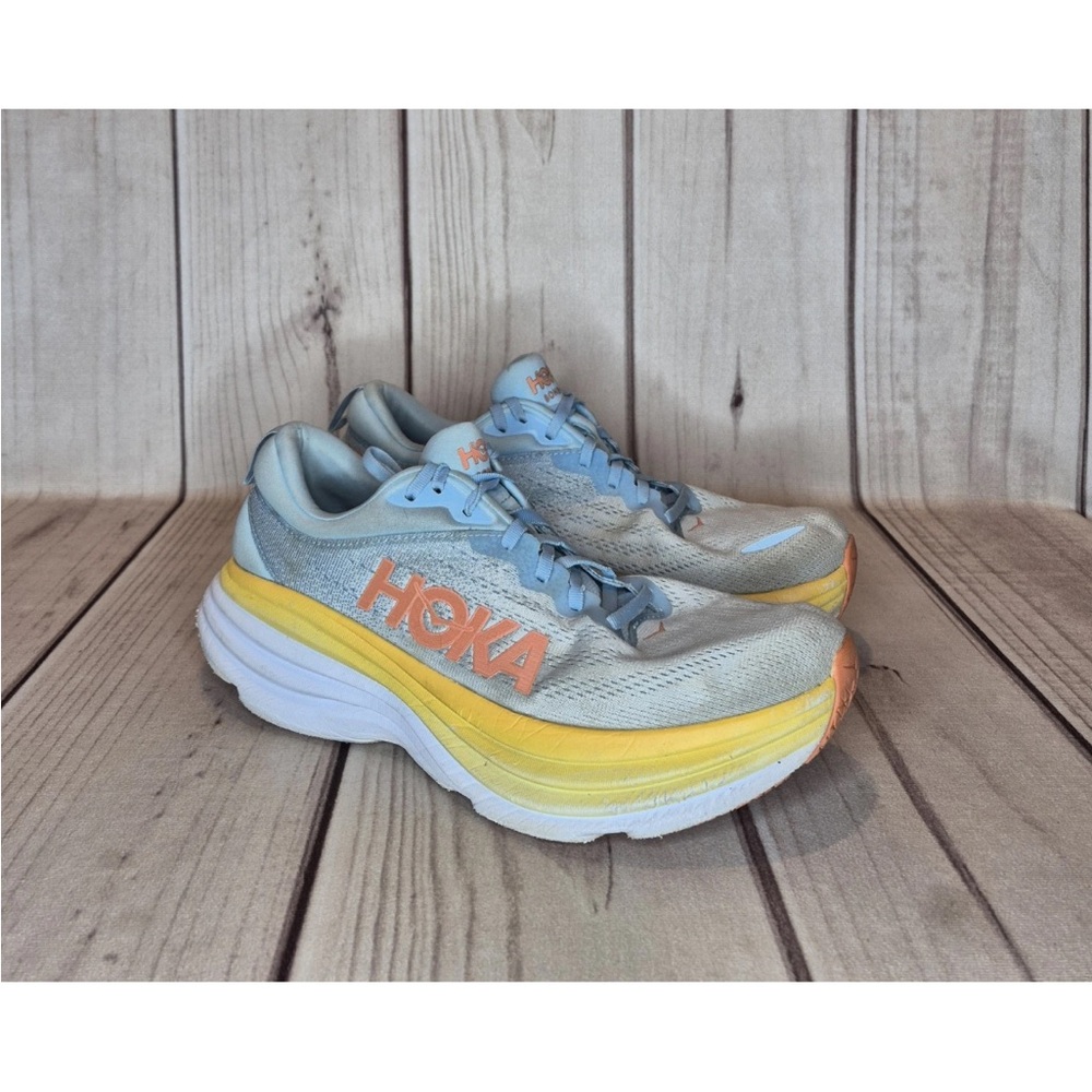 Hoka One One Bondi 8 Running Walking Sneakers Shoes Women's size 12B Blue Yellow
